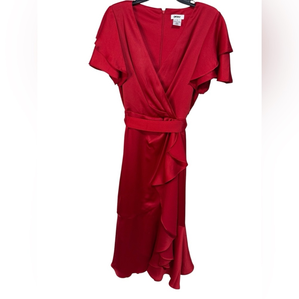 Women's V neck Ruffle Front Red Satin Crepe belted Gown 
Size 8 - Picture 4 of 11